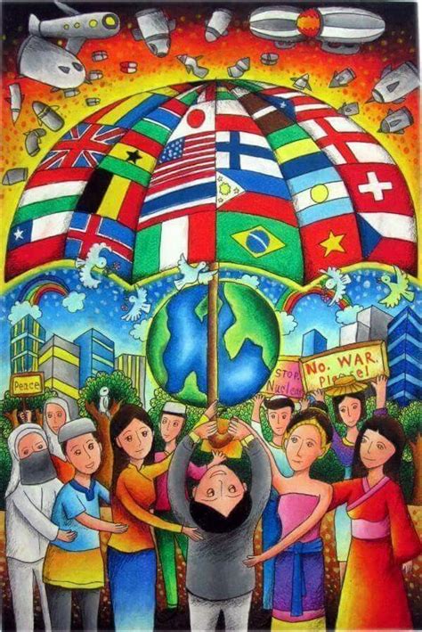 a painting of people holding up an umbrella in front of the world and other countries