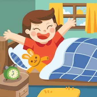 Happy cute little kid girl wake up in the morning | Premium Vector