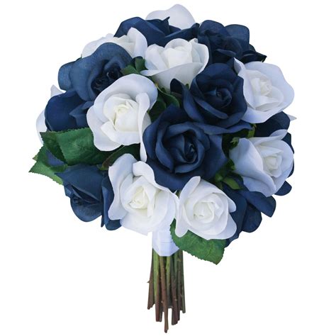 Navy Blue and Ivory Silk Rose Hand Tied Bridal Bouquet | 3 Dozen Roses