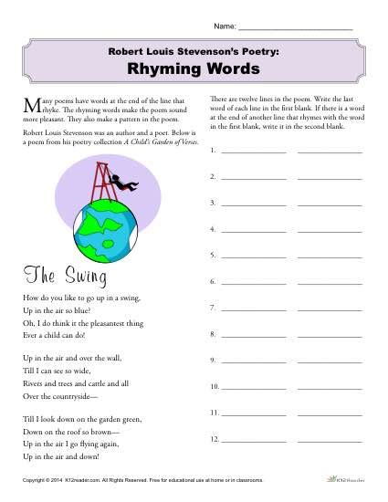 Robert Louis Stevenson’s Poetry: Find the Rhyming Words