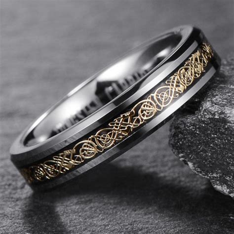 4mm Gold Celtic Dragon Inlay Tungsten Carbide Wedding Band Ring