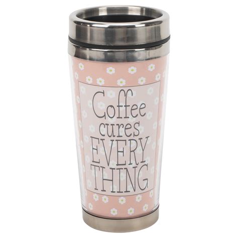 Coffee Cures Everything Pink Floral 16 ounce Stainless Steel Travel Tumbler Mug with Lid ...