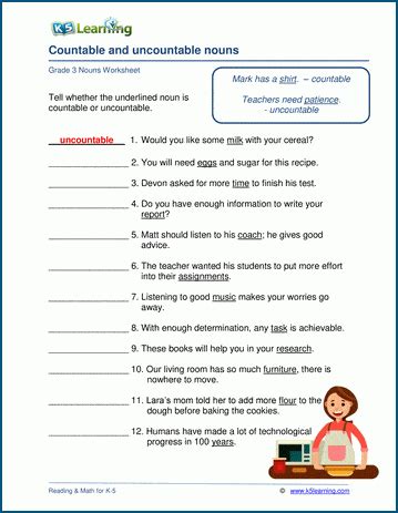 Grade 8 Worksheets On Countable And Uncountable Nouns