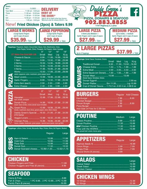 Menu at Daddy Green's Pizza restaurant, Lantz