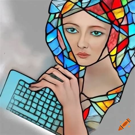 Stained glass window of a woman using a laptop computer on Craiyon