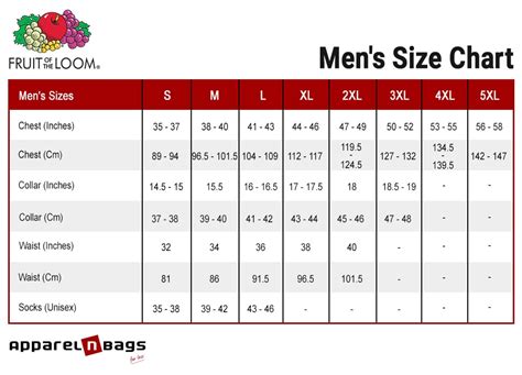 Fruit of the Loom - Size Chart - ApparelnBags.com