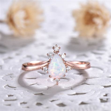 Dainty Pear Shaped Opal Ring Rose Gold Opal Engagement Ring Sterling Silver Opal Ring Vintage ...