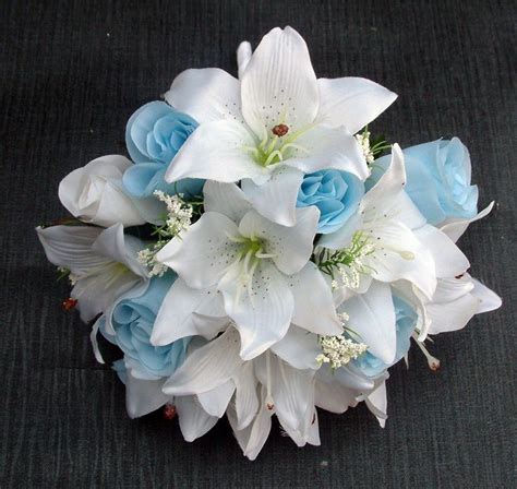 Artificial Light Blue & White Rose / Lily Bridesmaid Bouquet | White wedding flowers bouquet ...