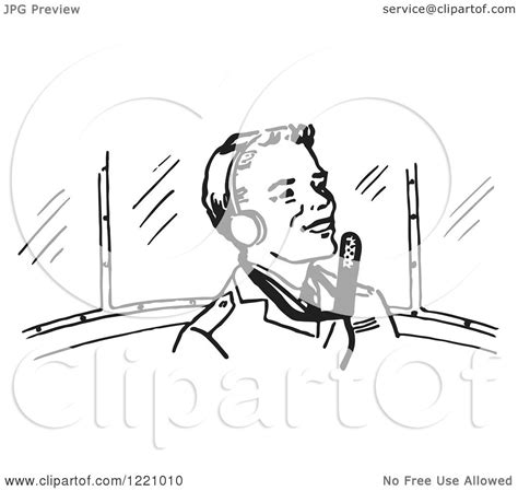 Clipart of a Black and White Retro Happy Pilot - Royalty Free Vector ...