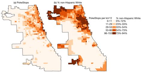 PokéStop density in Chicago (a) and the % of the population that is ...