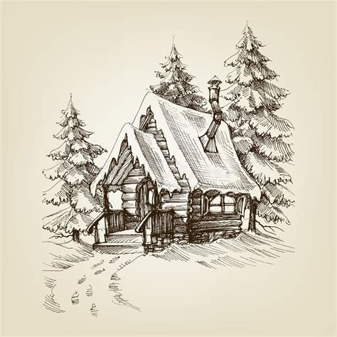 Winter cabin exterior. Pine trees forest and snow vector illustration ...