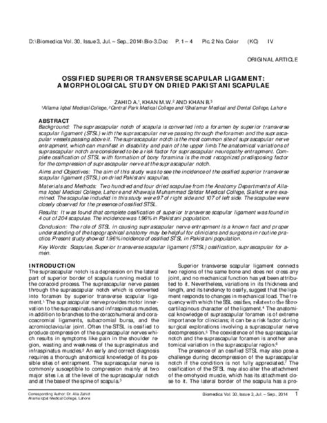 (PDF) Ossified Superior Transverse Scapular Ligament: A Morphological Study on Dried Pakistani ...