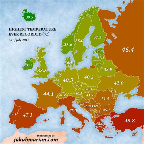 Highest recorded temperature by country in Europe as of July 2018 : r/europe