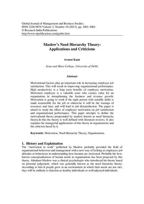 Criticism of maslow - Global Journal of Management and Business Studies. ISSN 2248-9878 Volume 3 ...