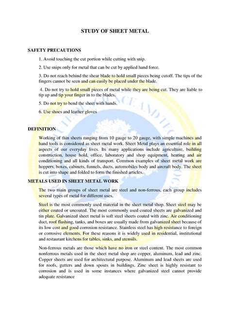 sheet metal study material - STUDY OF SHEET METAL SAFETY PRECAUTIONS ...