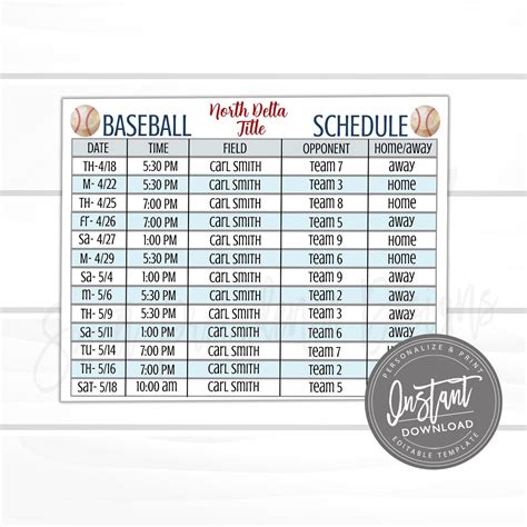 Printable Baseball Schedule Template