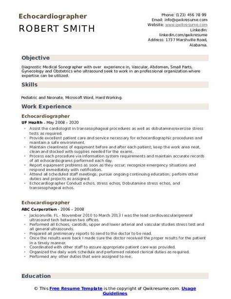 Echocardiographer Resume Samples | QwikResume