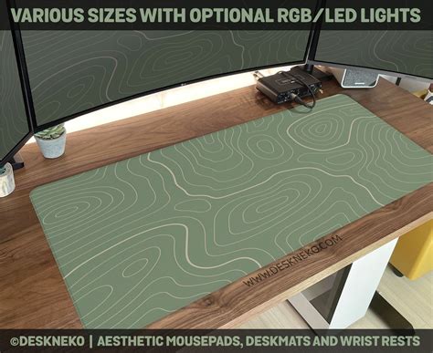 Green Topographic Desk Mat, Large Mouse Pad, Topo Map Contour Lines Sage, Padded Keyboard Wrist ...