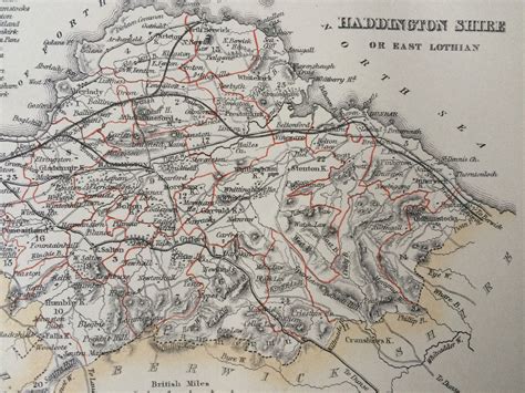 1870 Haddingtonshire or East Lothian Original Antique Map, Scotland county cartography, mounted ...