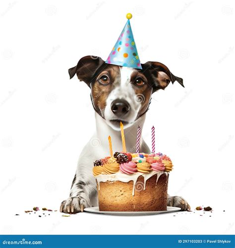 Funny Dog with Birthday Cake and Hat. Stock Illustration - Illustration of happy, celebration ...