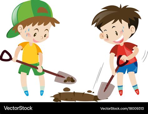 Two boys digging hole with shovels Royalty Free Vector Image