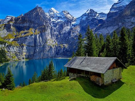 Swiss scenery, rocks, hut, view, grass, bonito, cabin, sky, switzerland ...