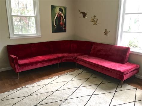 Mid Century Modern Tufted Red Velvet Sectional Sofa, Tapered Legs - EPOCH