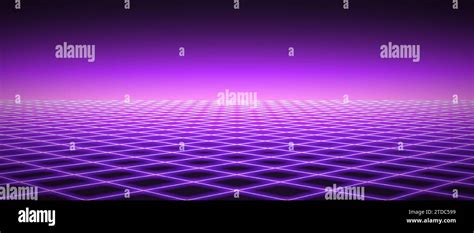 Glowing neon wireframe horizon background. Light purple grid room floor in perspective. Bright ...