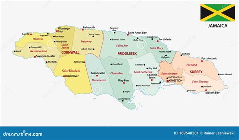 Mapa Administrativo De Jamaica Con Bandera Y Ciudades Principales Ilustración del Vector ...