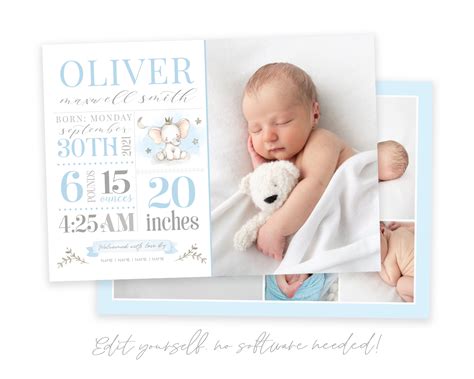 Personalize easily with Corjl Baby Birth Announcement Template DIY Template Newborn Announcement ...