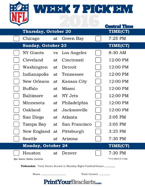 Week 7 Printable Nfl Schedule