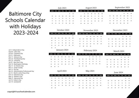 Baltimore City Schools Calendar with Holidays 2023-2024