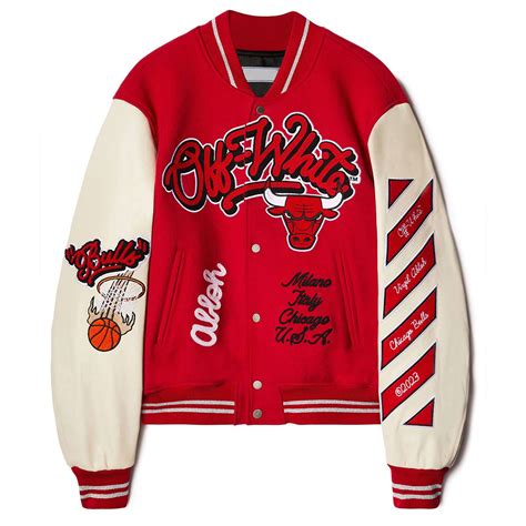 Full-Snap Wool and Leather Off-White Chicago Bulls Varsity Jacket - Jackets Masters