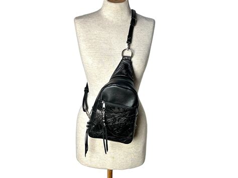 Black Leather Sling Bag, Black Embossed Leather Backpack, Travel Sling ...