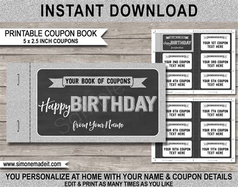 Printable Birthday Coupon Book template | DIY Personalized Coupons