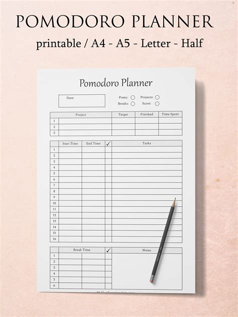 Pomodoro Planner Pomodoro Printable Pomodoro Tracker Time | Etsy