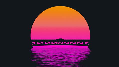 Wallpaper : artwork, digital art, bridge, Sun, water, car, synthwave ...