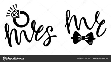 Mr Mrs wedding lettering with butterfly and ring. Couple modern calligraphy sign. Vector ...