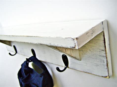 Wood Wall Shelf with hooks ANTIQUE WHITE 24 inch Rustic