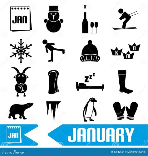 January Month Theme Set of Simple Icons Stock Vector - Illustration of ...