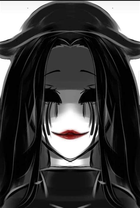 a drawing of a woman with long black hair wearing a hat and red lips,