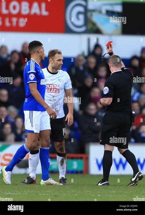 Derby County's John Eustace receives a red card from Referee Kevin ...