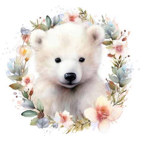 Premium Photo | A watercolor drawing of a baby polar bear in a floral wreath