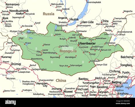 Map of Mongolia. Shows country borders, place names and roads. Labels in English where possible ...