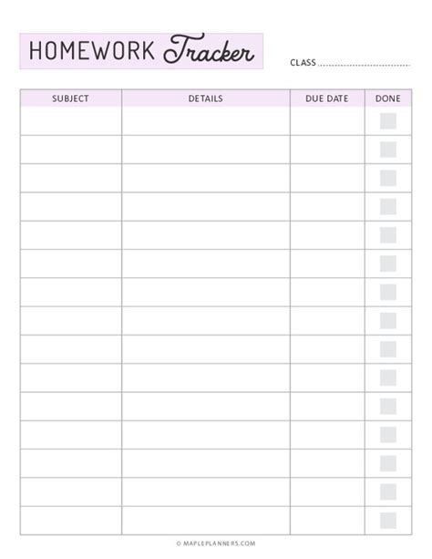 Free Printable Homework Tracker Template