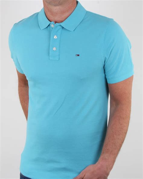 Tommy Hilfiger Cotton Pique Polo Shirt Aqua Blue, Mens, Polo, Summer