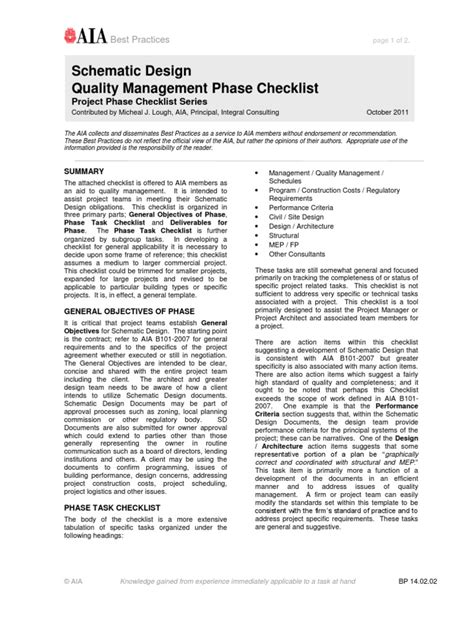 Schematic Design Quality Management Phase Checklist | Quality Management