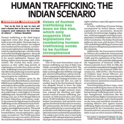 Human Trafficking : The Indian Scenario - Newspaper Article - Indian Institute of Legal Studies