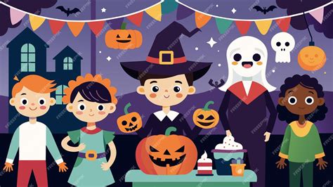 Premium Vector | A halfway to halloween party with spooky decorations and costumes commemorating ...