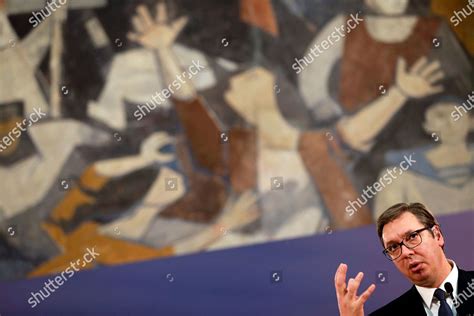 Serbian President Aleksandar Vucic Gestures During Editorial Stock ...